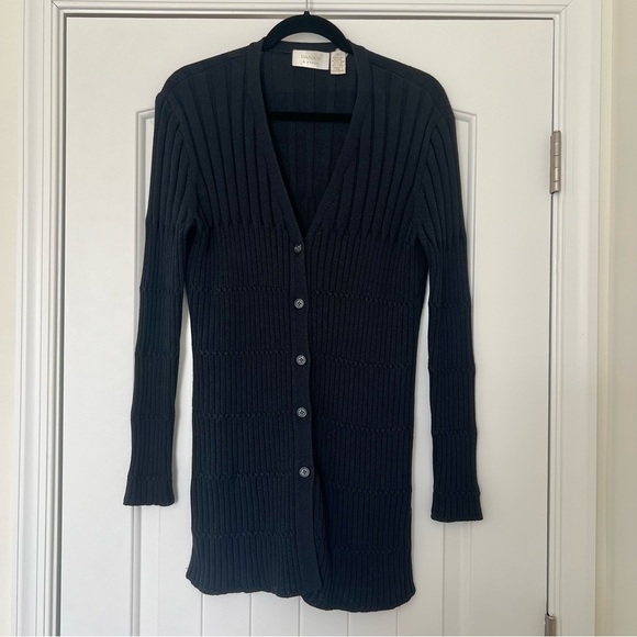 Vintage Navy Blue Long Ribbed Cardigan Sweater - Picture 1 of 6